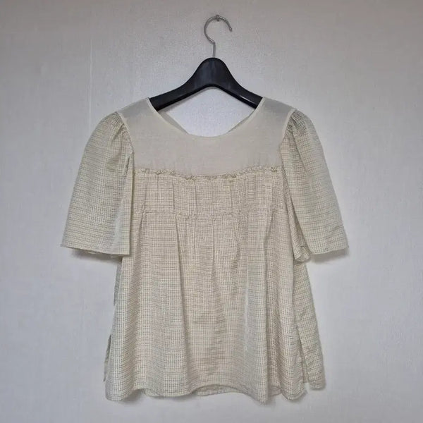 [BUNJANG] SJSJ Ivory Check Frill Blouse / SJSJ 2023제품 아이보리 체크무늬 프릴 블라우스 한섬 시스템