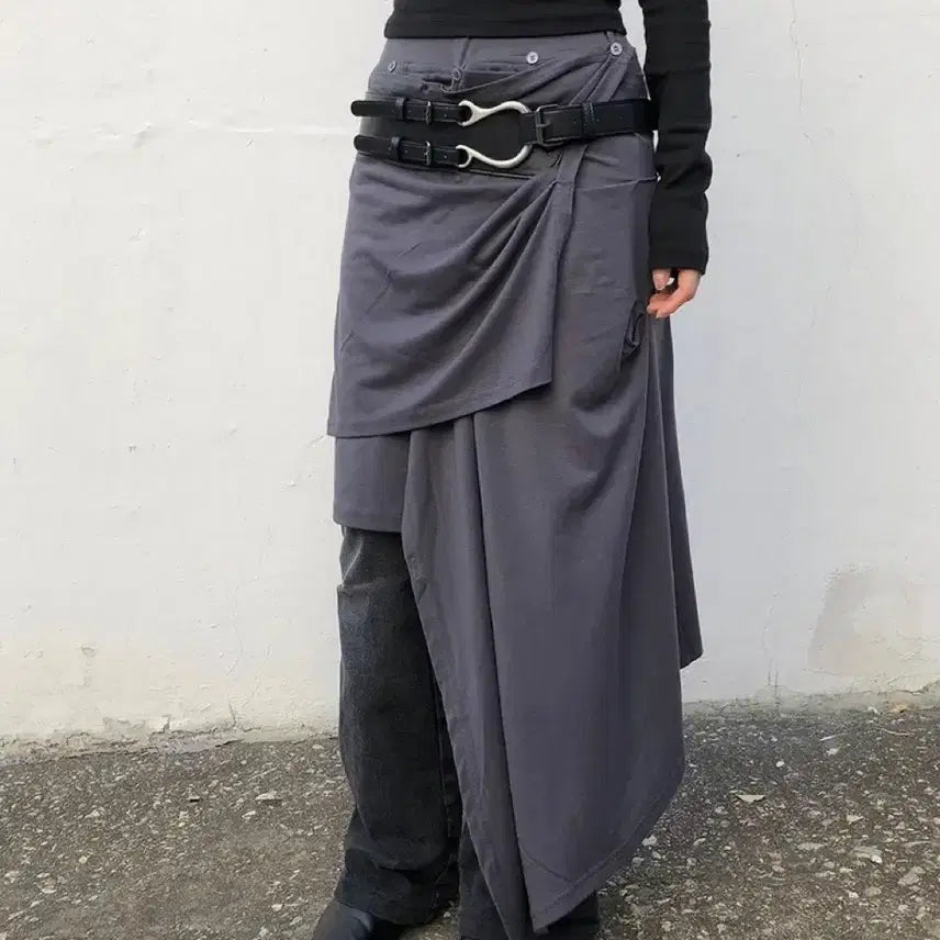 [BUNJANG] Draping Asymmetric Long Skirt Charcoal / 드레이핑 언발 스커트 차콜
