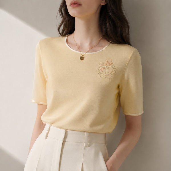 [BUNJANG] Celine Vintage Logo Embroidered Short Sleeve Knit Top / [정품] 셀린느(CELINE) 빈티지 로고 자수 반팔 니트 55~66