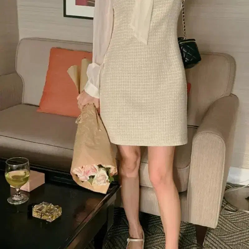 [BUNJANG] Tchouiding Tweed Color-Block See-Through Mini Dress / 트슈딩 트위드 배색 시스루 미니 원피스