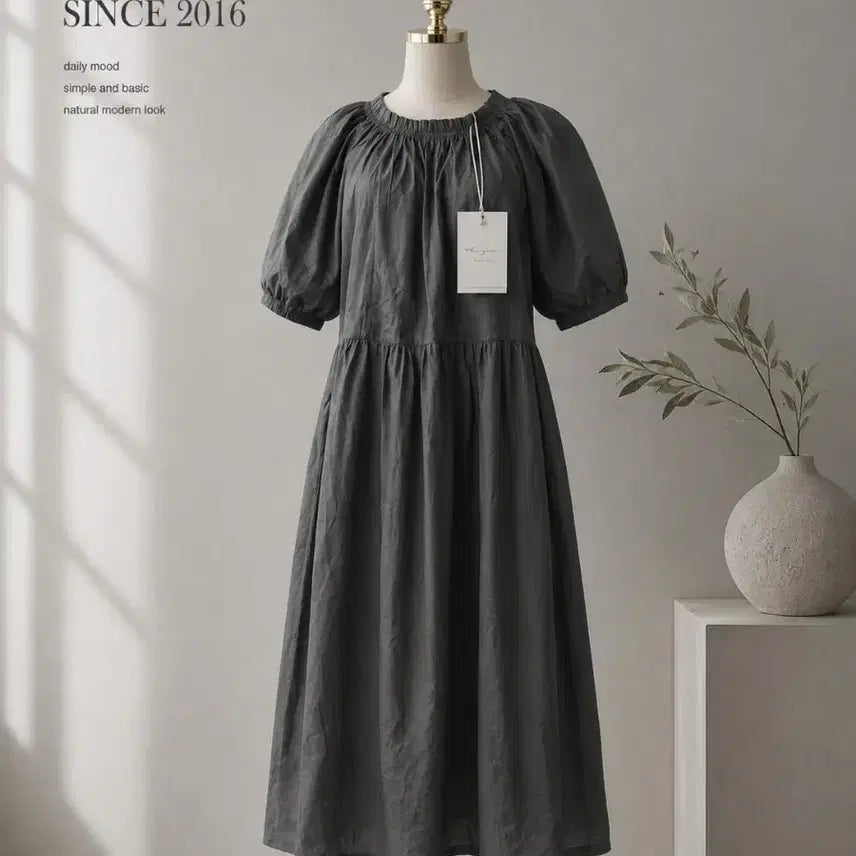 [BUNJANG] Charcoal Puff Sleeve Dress Loose Fit / 새상품) 차콜 퍼프 원피스 / 내추럴 빈티지 무드 / 루즈핏