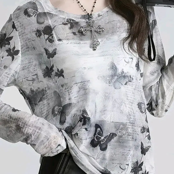 [BUNJANG] Butterfly Lettering See-through Print Long Sleeve T-shirt Cover-up / 여름 나비 레터링 시스루 나염 긴팔티 수영복 커버업