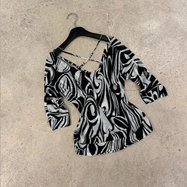 [BUNJANG] OneGyaru Black White Pattern Long Sleeve Shirt / 오네갸루 블랙 화이트 패턴긴팔티