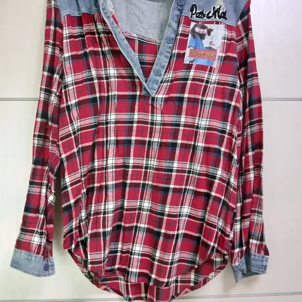 [BUNJANG] Patch Denim Contrast Red Check Shirt / 패치데님 배색레드체크 남방