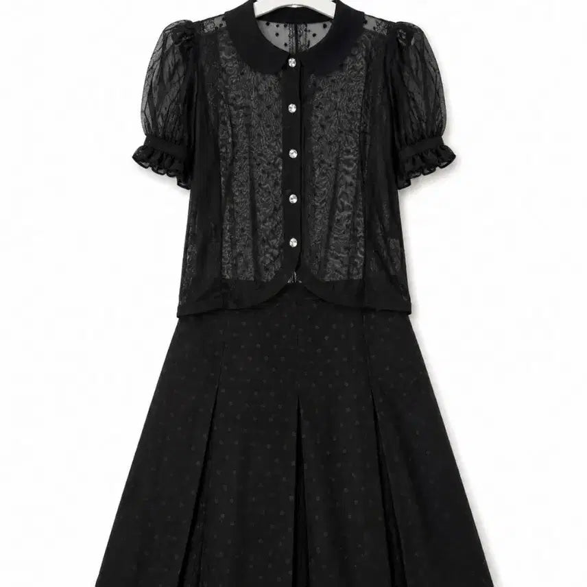 [BUNJANG] Black Dot See-Through Blouse and Pleated Skirt Set (Size 55) / 실착2회.블랙 도트 시스루 블라우스 스커트 세트 55사이즈