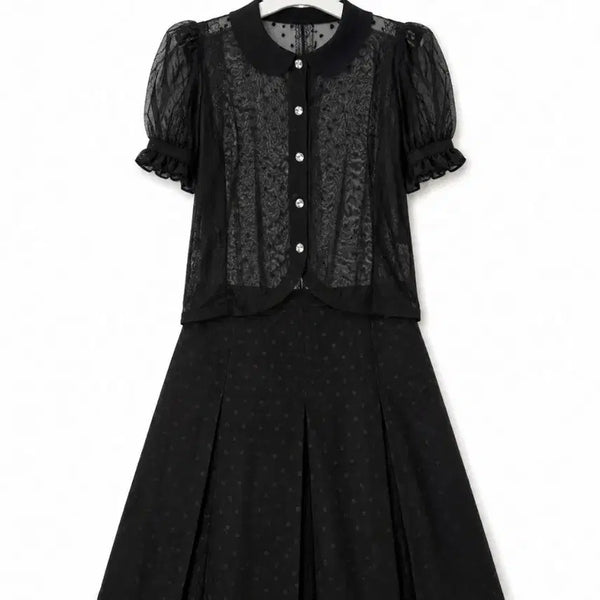 [BUNJANG] Black Dot See-Through Blouse and Pleated Skirt Set (Size 55) / 실착2회.블랙 도트 시스루 블라우스 스커트 세트 55사이즈