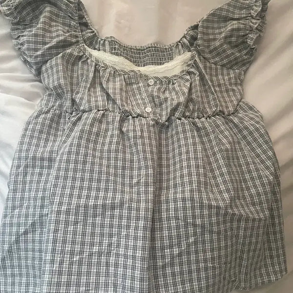 [BUNJANG] Checkered Off-Shoulder Blouse / 체크무늬 오프숄더 블라우스