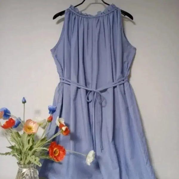[BUNJANG] Striped Frill Henley Neck Sleeveless Maxi Dress / 여신핏 시원한 잔 스트라이프 원단 프릴 헨리넥 허리 묶는 나시 원피스