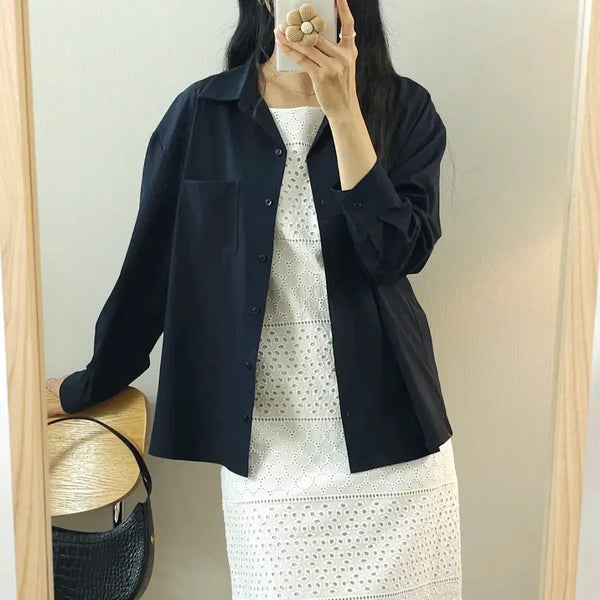 [BUNJANG] Clavis Women's Long Sleeve Open Collar Shirt Navy / (M)클라비스 여성 긴팔 오픈카라 셔츠 네이비 H5W4388