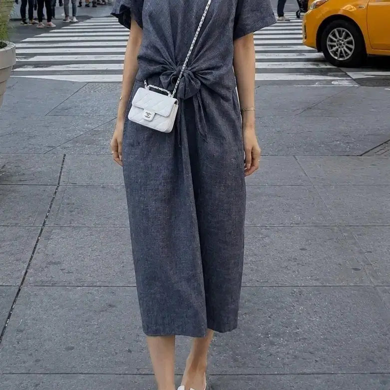 [BUNJANG] J BY Shirring Ribbon Color-Block Long Dress / J BY 셔링 리본 배색 롱원핏 (77/F)