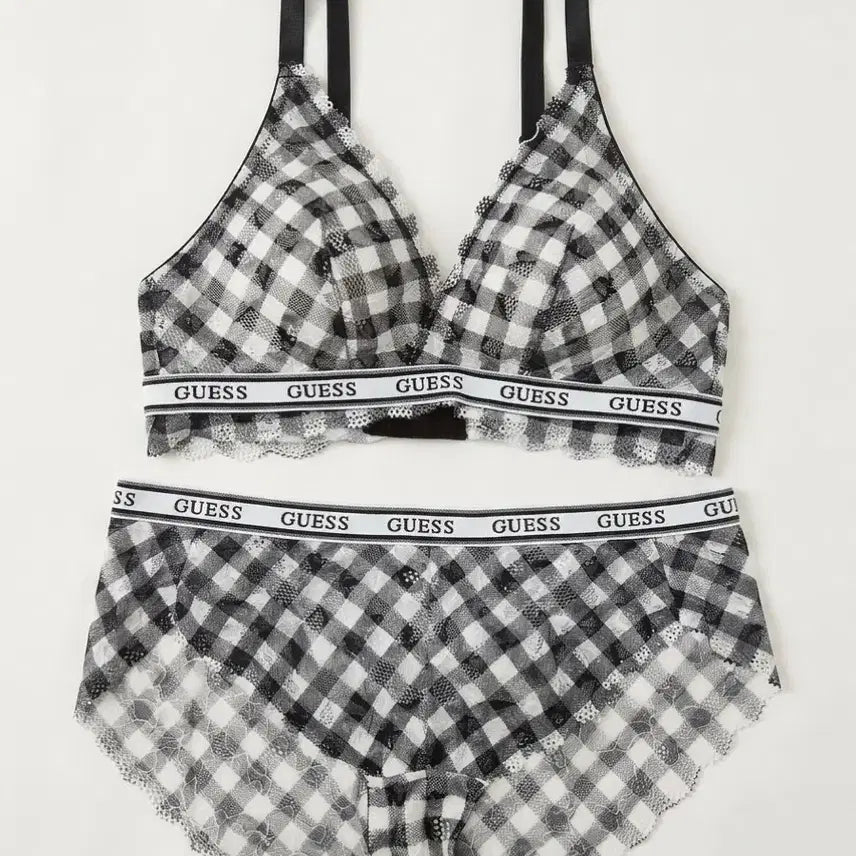 [BUNJANG] Guess Check Logo Banding Bralette Panty Set / 게스 체크 로고 밴딩 브라렛 팬티 세트