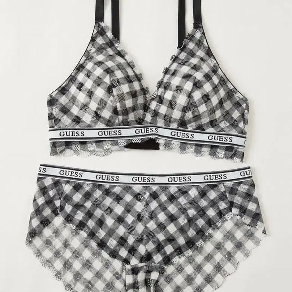 [BUNJANG] Guess Check Logo Banding Bralette Panty Set / 게스 체크 로고 밴딩 브라렛 팬티 세트