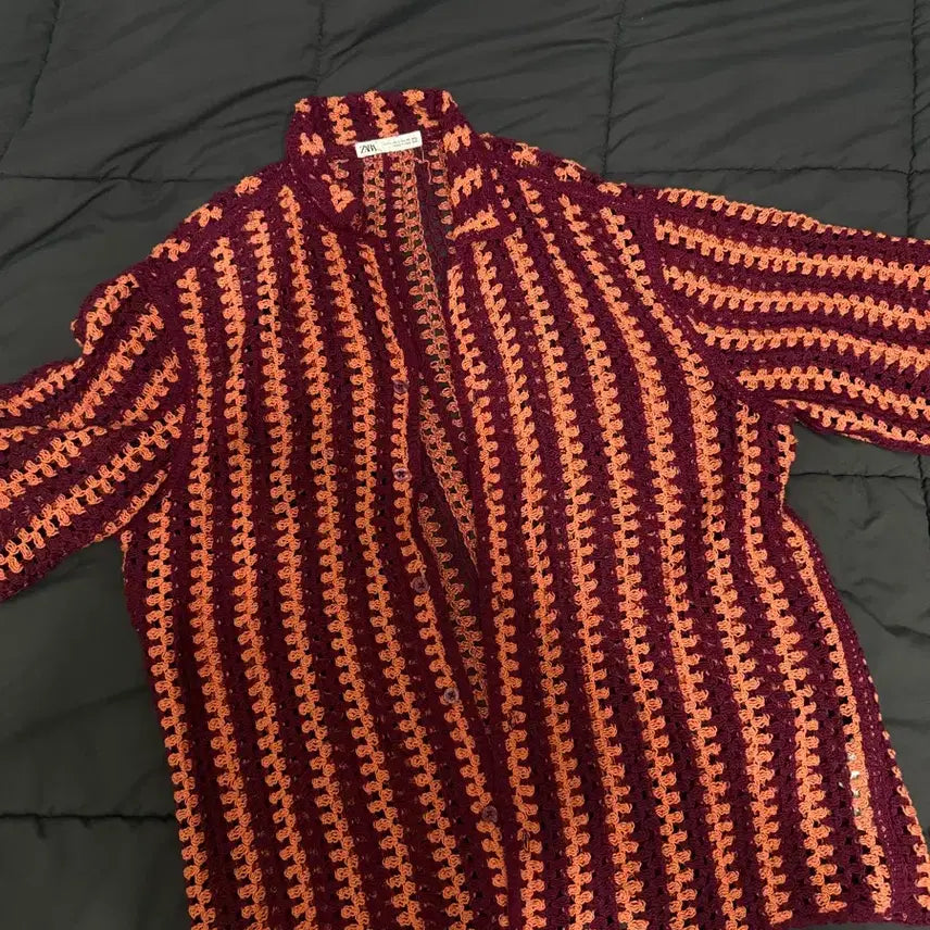 [BUNJANG] ZARA Cropped Stripe Half-Sleeve Cardigan Shirt / ZARA 크로셰 스트라이프 반팔 가디건 셔츠
