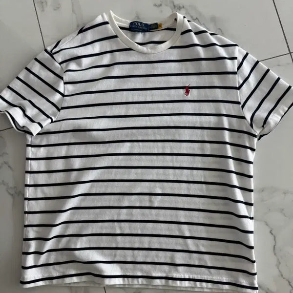 [BUNJANG] Polo Ralph Lauren Heavyweight Striped T-Shirt White Navy Large / 폴로 랄프로렌 단가라 반팔티 흰색 헤베웨이트 라지