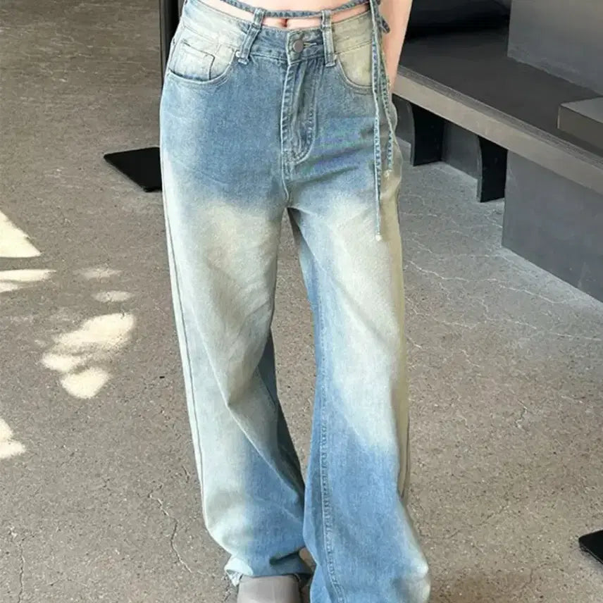[BUNJANG] Unique Washed Wide Denim Pants - Small / 허리포인트 유니크한 워싱 와이드 데님팬츠 스몰