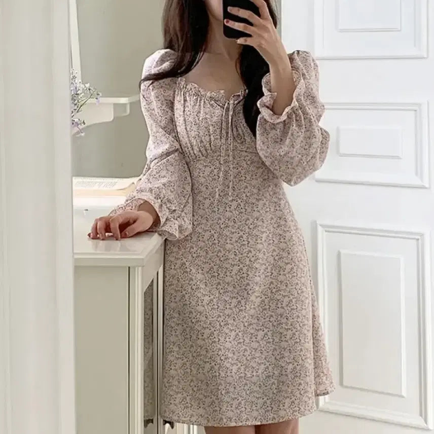 [BUNJANG] Floral String Chiffon Mini Dress / 스퀘어넥 플라워 스트링 쉬폰 미니원피스 데이트룩