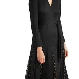 [BUNJANG] Diane von Furstenberg Black Silk DVF Wrap Dress with Pleated Skirt / 다이앤본퍼스텐버그 랩원피스 랩스커트 dvf 랩 원피스 롱원피스 하객룩 정품 명품 중고명품 수입의류 실크 해외