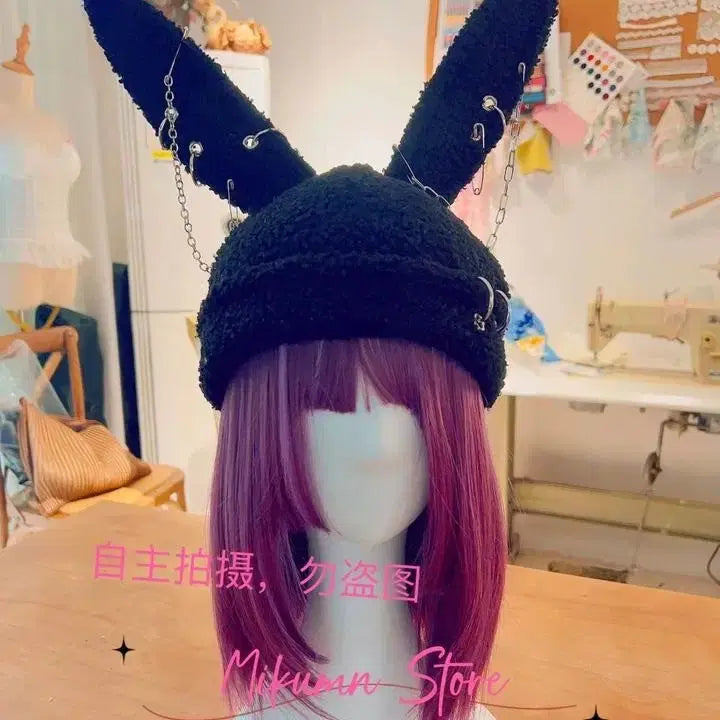 [BUNJANG] Gothic Gothpunk Geek Chic Rabbit Ear Hat with Chain Ring Back Beanie / 고딕 고스펑크 긱시크 토끼 귀 모자 체인 링 백 비니 하라주쿠 일본 y2k 빈티지 레트로 케이팝