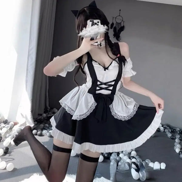 [BUNJANG] Maid Costume Set with Choker - Size 55 / 25만원 이상 구매시 사은품) 여캠 메이드복 코스프레
