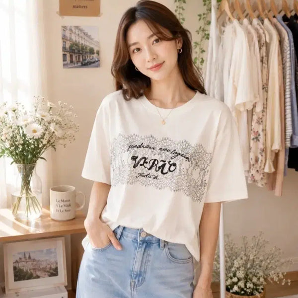 [BUNJANG] Women's Embroidered Short-Sleeve T-Shirt / 여성 반팔 티셔츠