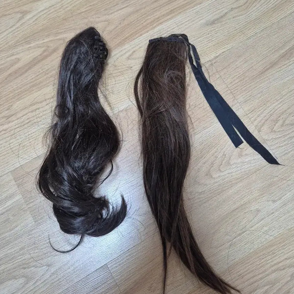 [BUNJANG] 2-Piece Set Brown Wave & Straight Ponytail Hair Extension / 포니테일가발 2개 택포 만원! 묶음머리가발 웨이브가발 집게가발 끈가발 브라운 부분가발