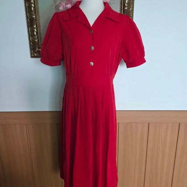 [BUNJANG] Red Shirt Dress Puff Sleeve Midi Dress / 레드 셔츠 원피스