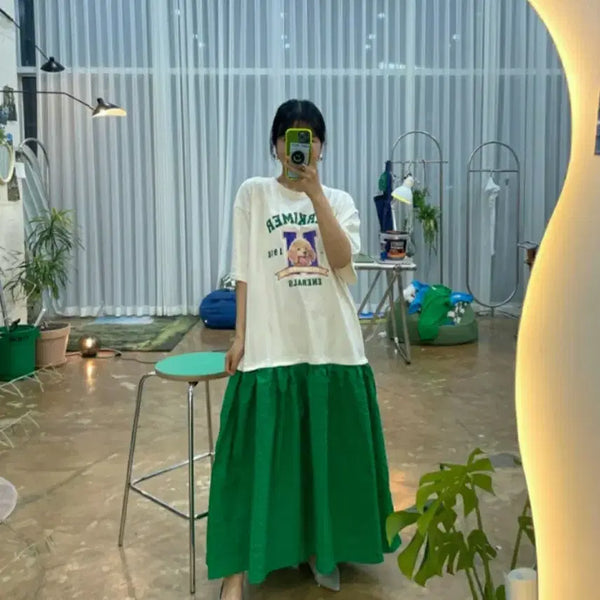 [BUNJANG] Plus Size Colorblock Seersucker Long Dress / 새상품 빅사이즈 배색 지지미 롱원피스