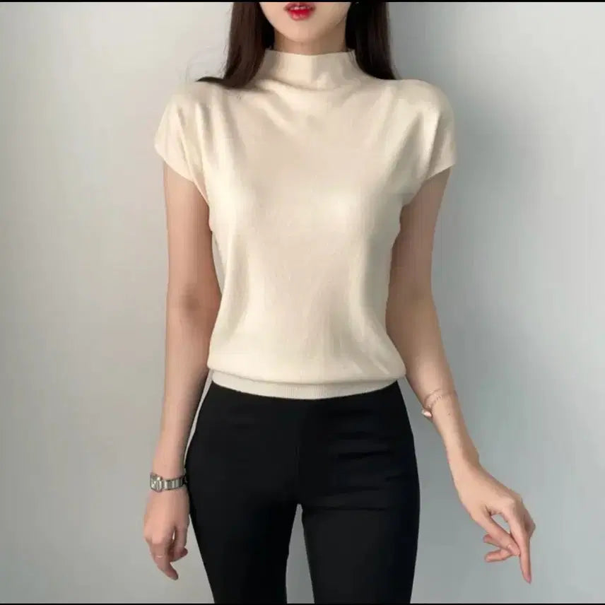 [BUNJANG] Semi-High Neck Cap Sleeve T-Shirt Knit / [새상품] 반목 캡소매 반팔 니트