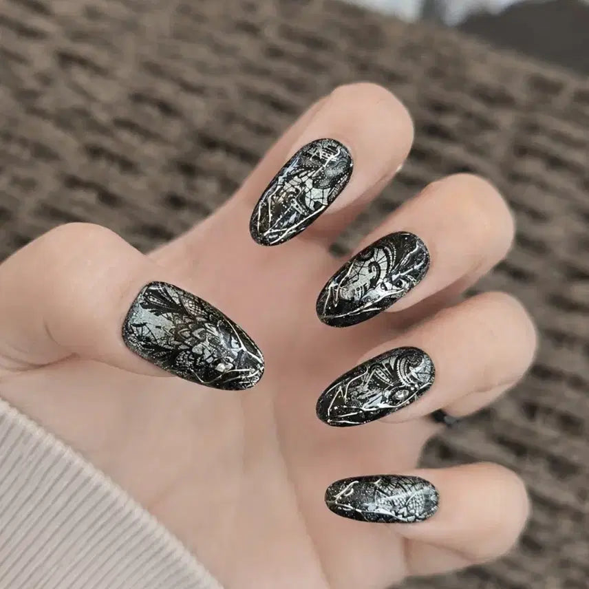 [BUNJANG] Black Lace Nail Tips - Medium Size / 블랙 레이스 네일팁 m사이즈