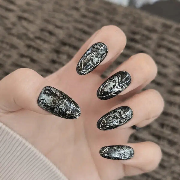 [BUNJANG] Black Lace Nail Tips - Medium Size / 블랙 레이스 네일팁 m사이즈
