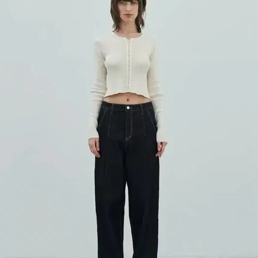 [BUNJANG] Diagonal Tuck Wide Denim Navy S / 다이애그널 턱 와이드 데님 네이비 s