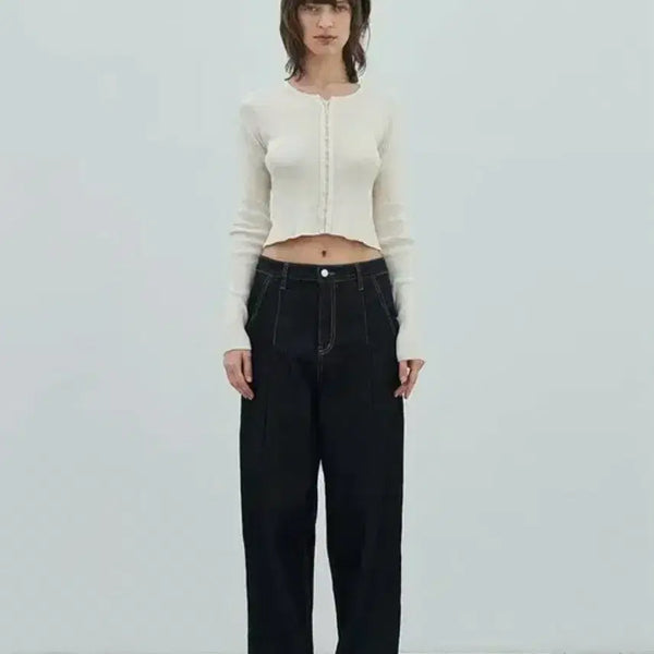 [BUNJANG] Diagonal Tuck Wide Denim Navy S / 다이애그널 턱 와이드 데님 네이비 s