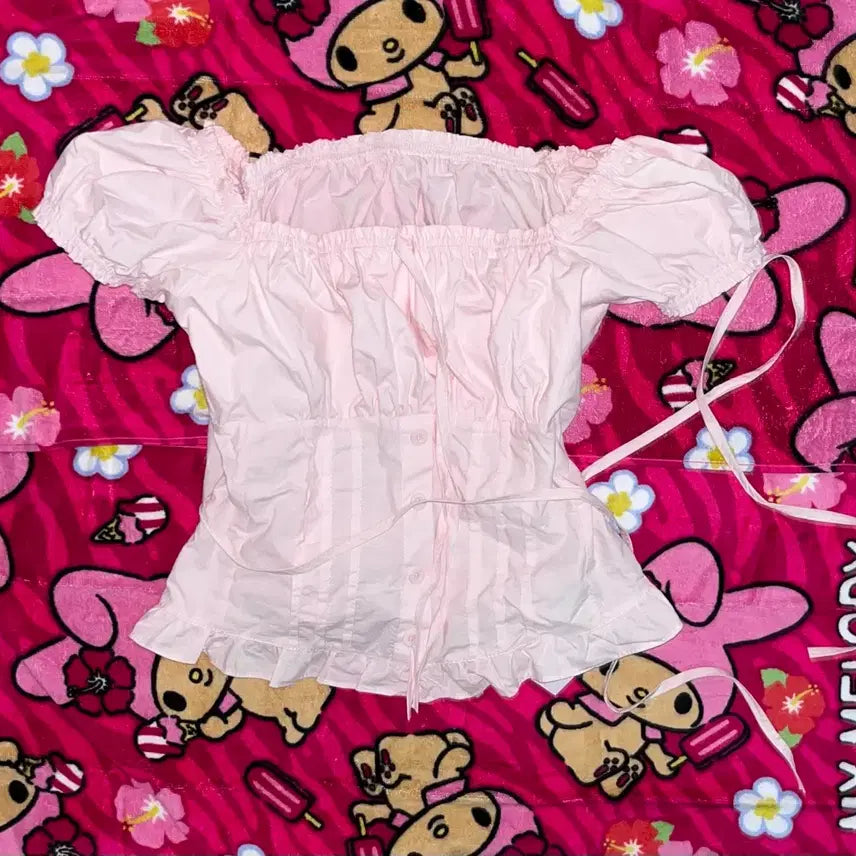 [BUNJANG] Lace Frill Puff Sleeve Ribbon Shirt / 레이스 프릴 퍼프소매 리본 셔츠 히메갸루 로리타 블라우스 발레코어