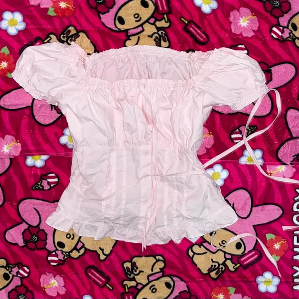 [BUNJANG] Lace Frill Puff Sleeve Ribbon Shirt / 레이스 프릴 퍼프소매 리본 셔츠 히메갸루 로리타 블라우스 발레코어
