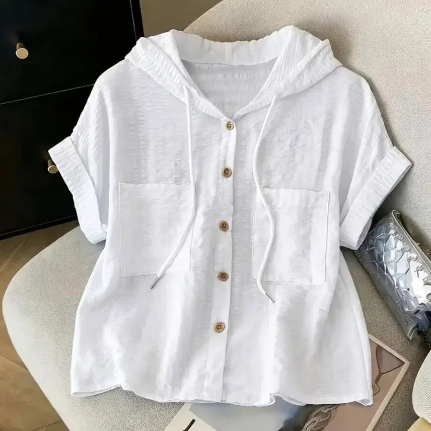 [BUNJANG] White Hooded Short-Sleeve Shirt / 새상품 화이트 후드 반팔 셔츠