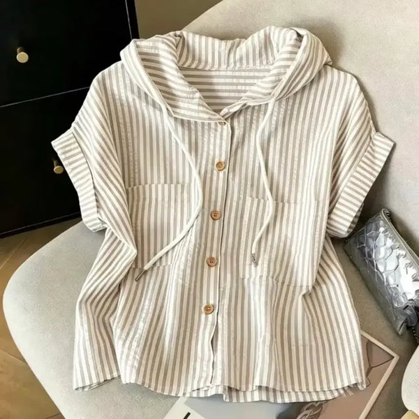 [BUNJANG] Stripe Hooded Shirt Beige / 새상품 스트라이프 후드 셔츠 베이지