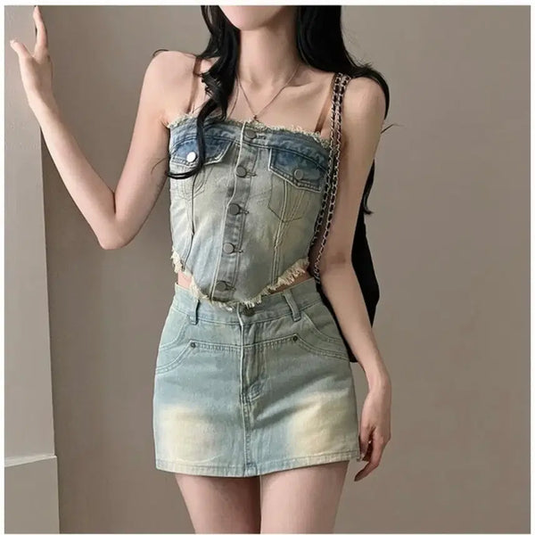 [BUNJANG] Denim Tube Top and Skort Set (Two-Piece) / 데님 튜브탑 치마바지 셋업 투피스 세트