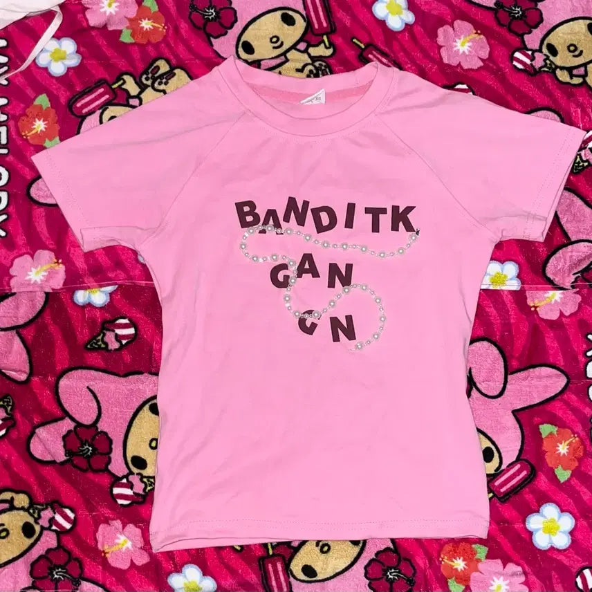 [BUNJANG] Pearl Accent Pink Short Sleeve Top - Slim Fit / 진주포인트 핑크 반팔탑 갸루 슬림핏 티
