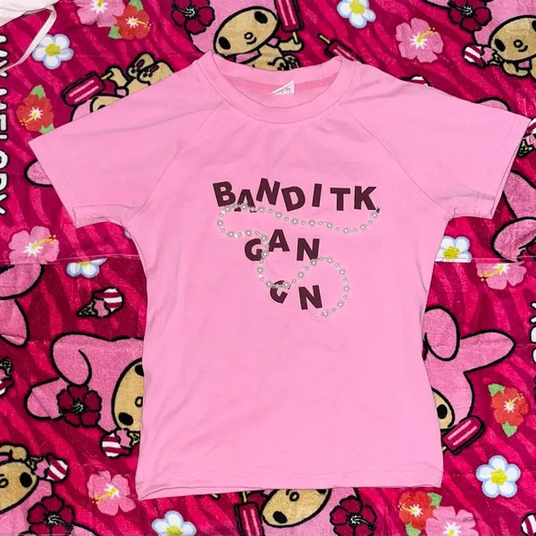[BUNJANG] Pearl Accent Pink Short Sleeve Top - Slim Fit / 진주포인트 핑크 반팔탑 갸루 슬림핏 티
