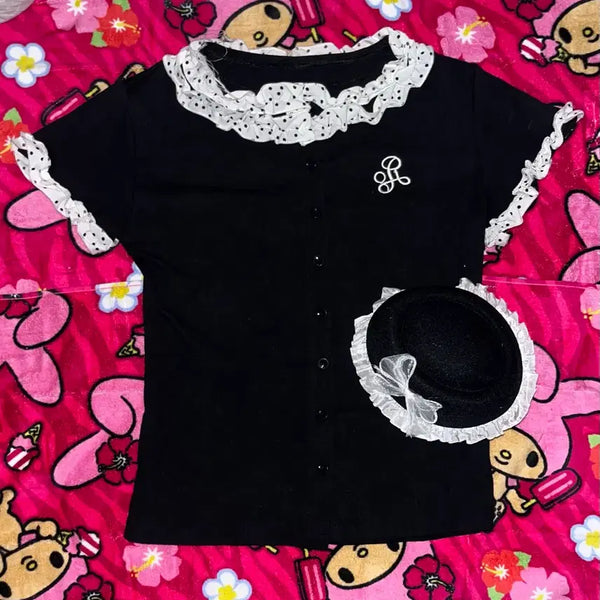 [BUNJANG] Polka Dot Frill Short Sleeve Top and Ribbon Lace Hat Set / 땡땡이 프릴 반팔 리본레이스모자 세트 갸루 빈티지 도트탑