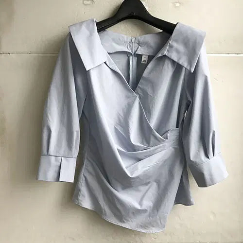 [BUNJANG] Korean Style Blue Shirring 7/10 Sleeve Blouse / 고급 국산 블라우스 - 55/새거수준