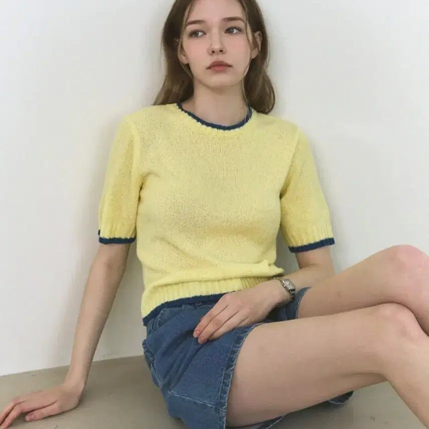 [BUNJANG] Drawfit Women Colorblock Bouclé Short-Sleeved Knit Lemon M / 드로우핏우먼 라인배색 부클 반팔니트 레몬 M