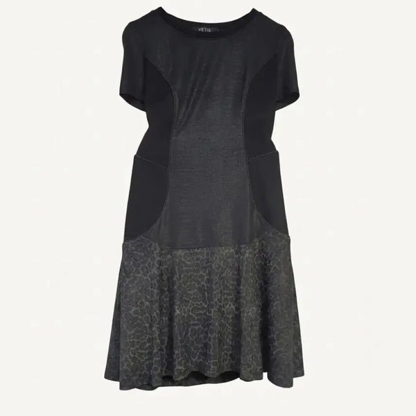 [BUNJANG] YETTS Black Leopard Pattern Mix A-Line Mini Dress / (새상품90%) YETTS 블랙 레오파드 패턴 믹스 원피스