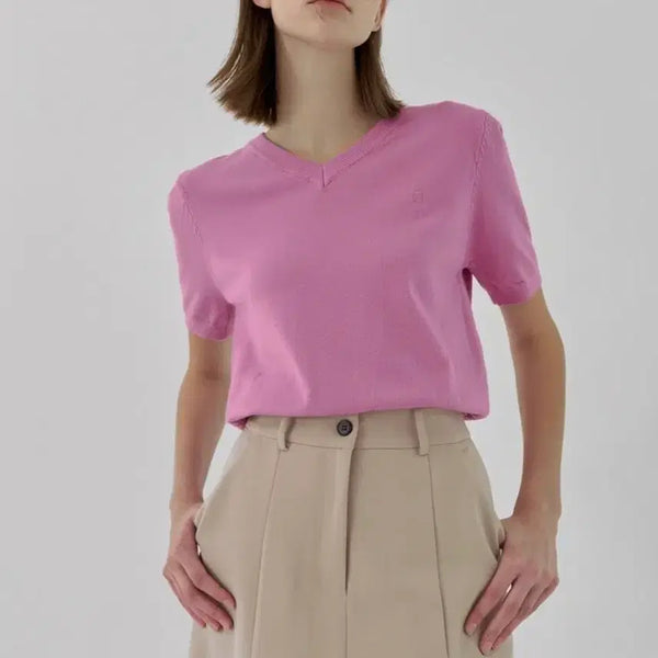 [BUNJANG] Atelier Nine Basic V-Neck Knit - Pink Embroidery / 아틀리에나인 베이직 브이넥 니트 핑크자수 핑크