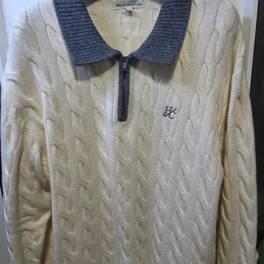 [BUNJANG] Henry Cotton's BSC Cable Collar Knit Ivory/Navy / 헨리코튼 BSC 케이블 카라 니트