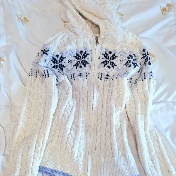 [BUNJANG] White Snow Pattern Hooded Zip-Up Knit / 화이트 스노우 패턴 후드 집업 니트