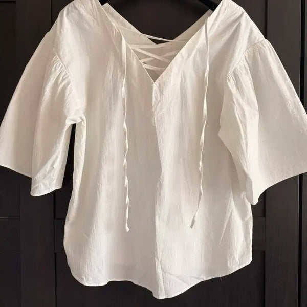 [BUNJANG] White Loose Fit Shirring Blouse / 화이트 루즈핏 셔링 블라우스