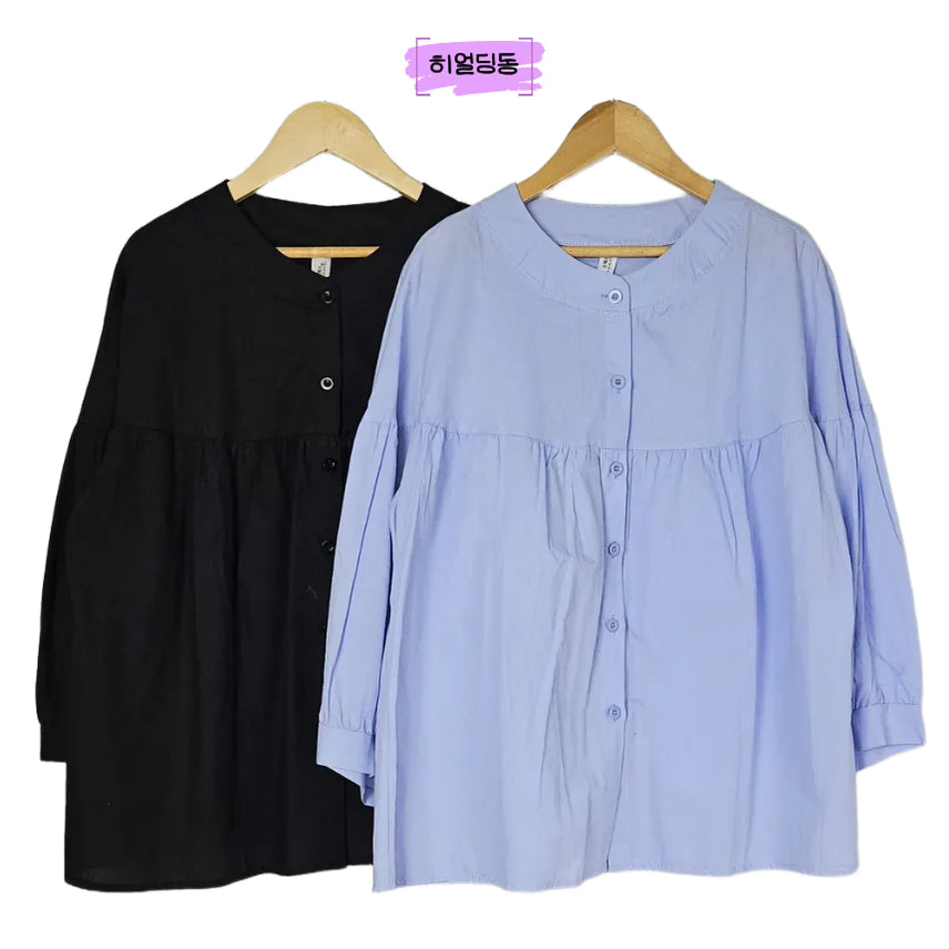[BUNJANG] Round Neck Cotton Blend Blouse - Black, Size 2XL / 딩동 :) 여름세일/2XL/블랙 라운드넥 면혼방 블라우스_52