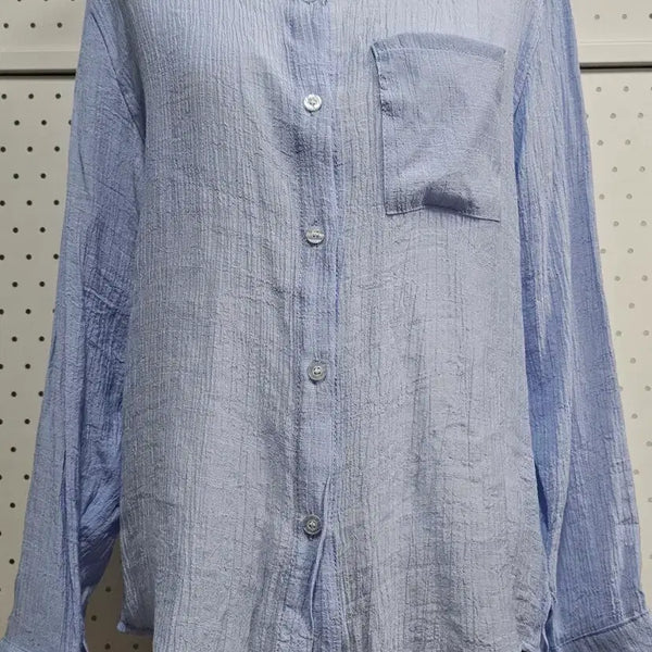 [BUNJANG] See-through Sheer Crinkle Long Shirt / 시스루 하늘색 셔츠 언발 시어서커 주름 롱셔츠