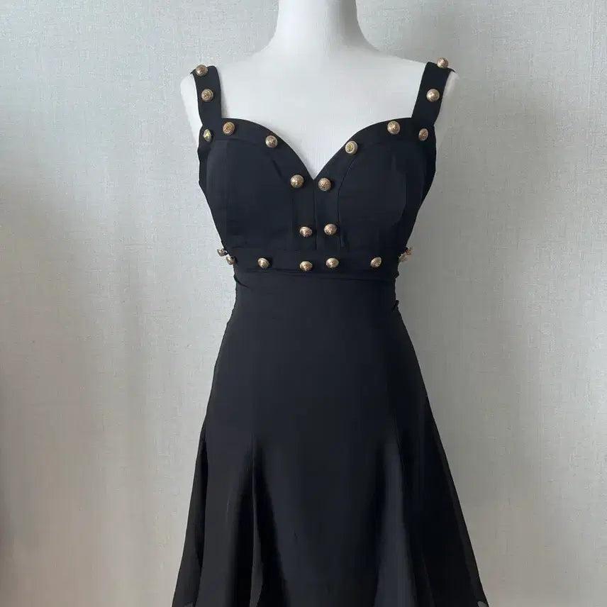 [BUNJANG] Black Button Sleeveless A-Line Flare Dress / 블랙 버튼 장식 민소매 원피스